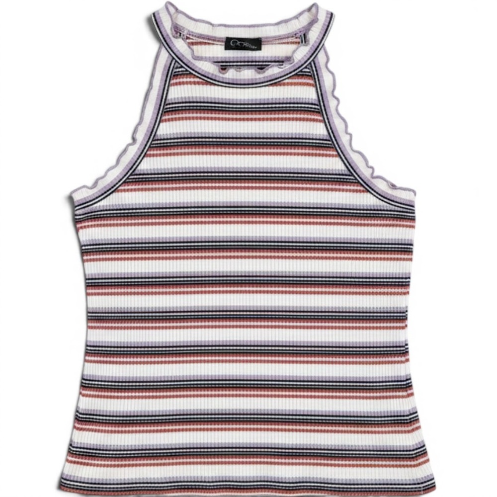 y2k 90s Girls Striped Ribbed Ruffle Trim Tank Top Size L (10/12)‎ Purple Red